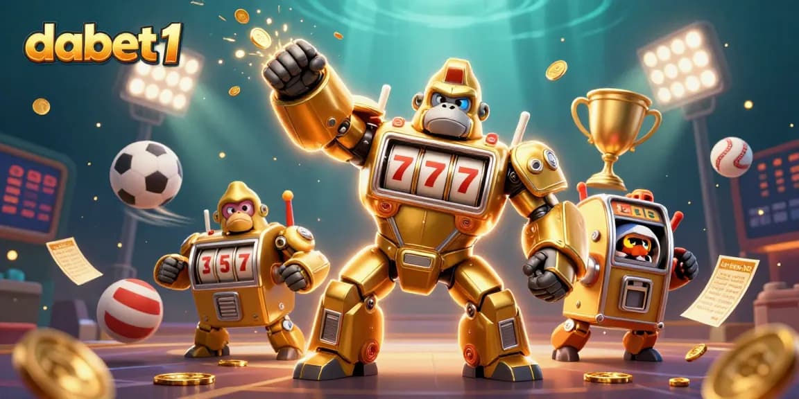 dabet1 transforms the casino scene with a dynamic golden gorilla mech, slot elements, and vibrant sports action