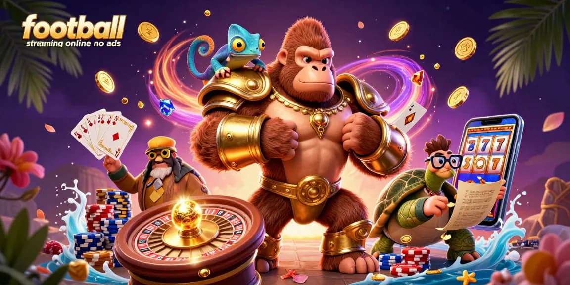Stream football online no ads with dynamic illustrations of a gorilla king and gambling elements.
