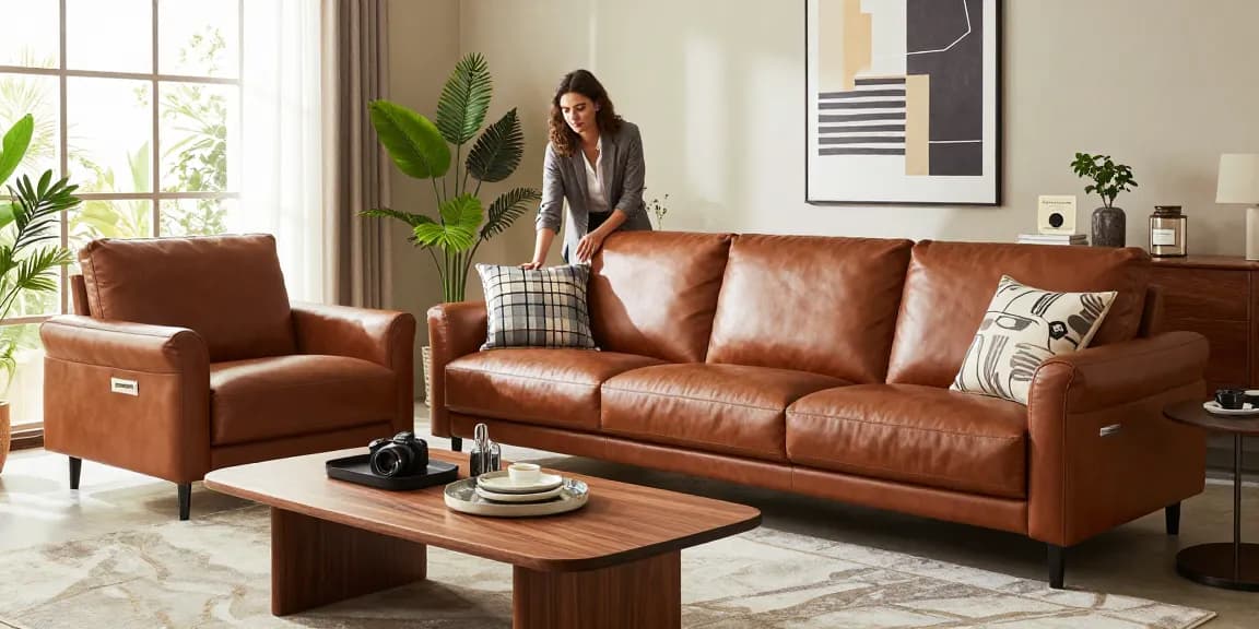 Ein beeindruckendes Baxter Ledersofa, geschmückt mit dekorativen Kissen, in einem stilvollen Wohnzimmer.