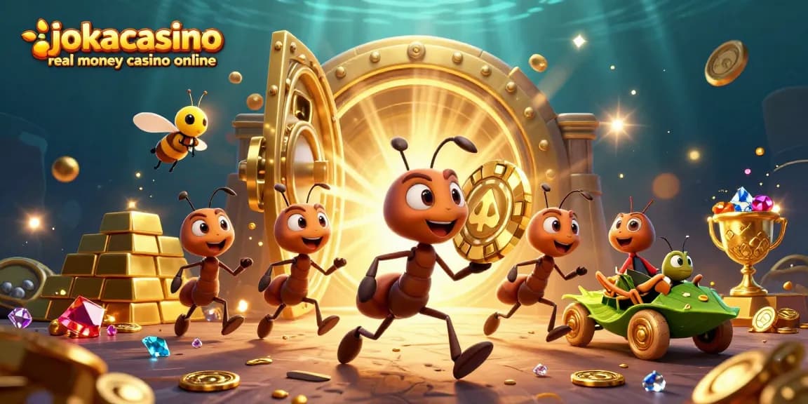 Experience the excitement at jokacasino real money casino online with ants heisting a giant poker chip in a rich 3D scene.