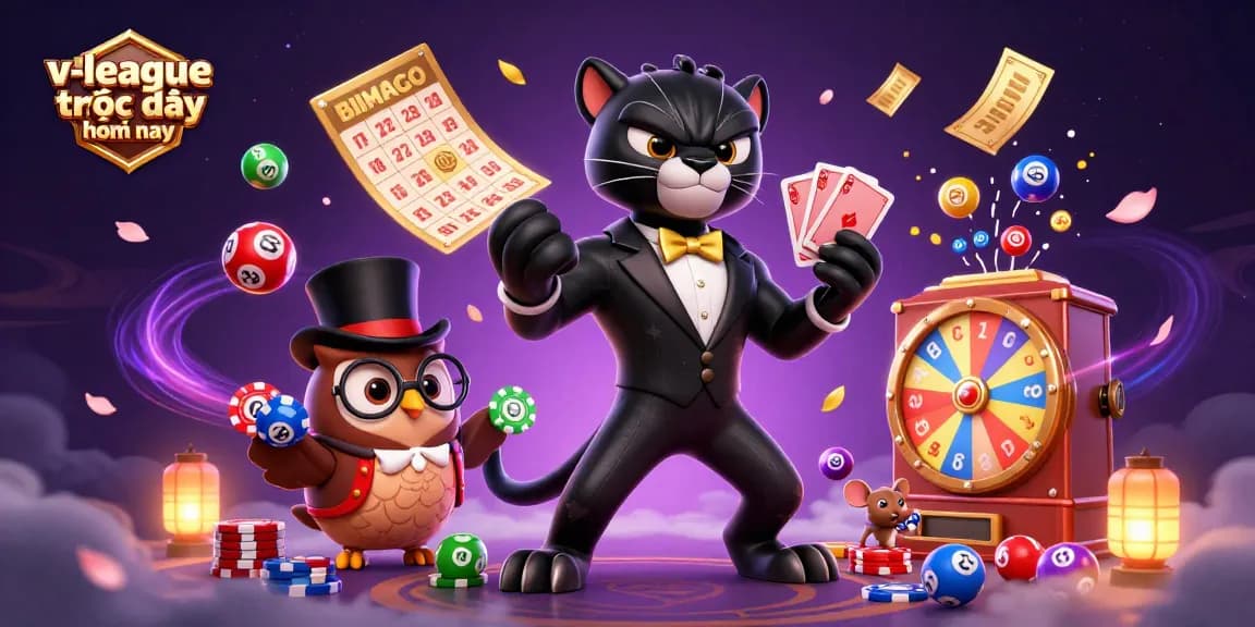 Experience the thrill of v-league trực tiếp hôm nay with a vibrant 3D casino scene featuring dynamic characters and gaming elements.