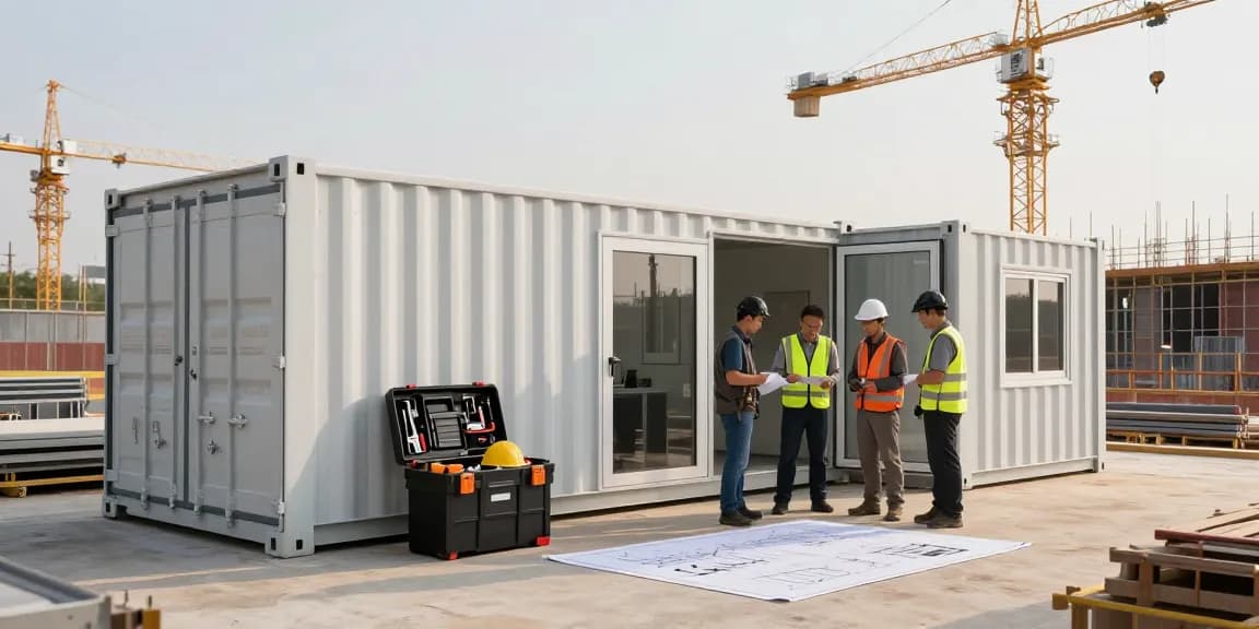 Werkstattcontainer und Bürocontainer auf einer Baustelle mit Handwerkern in Aktion.