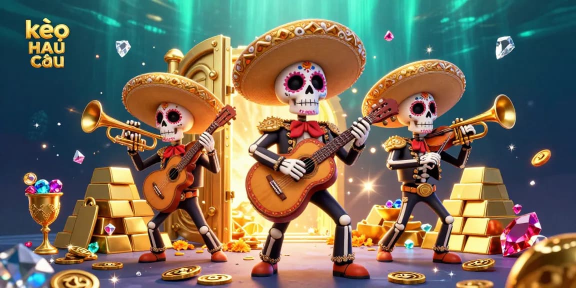 Engage in thrilling action with kèo nhà cái as lively mariachi skeletons celebrate under sparkling waves.
