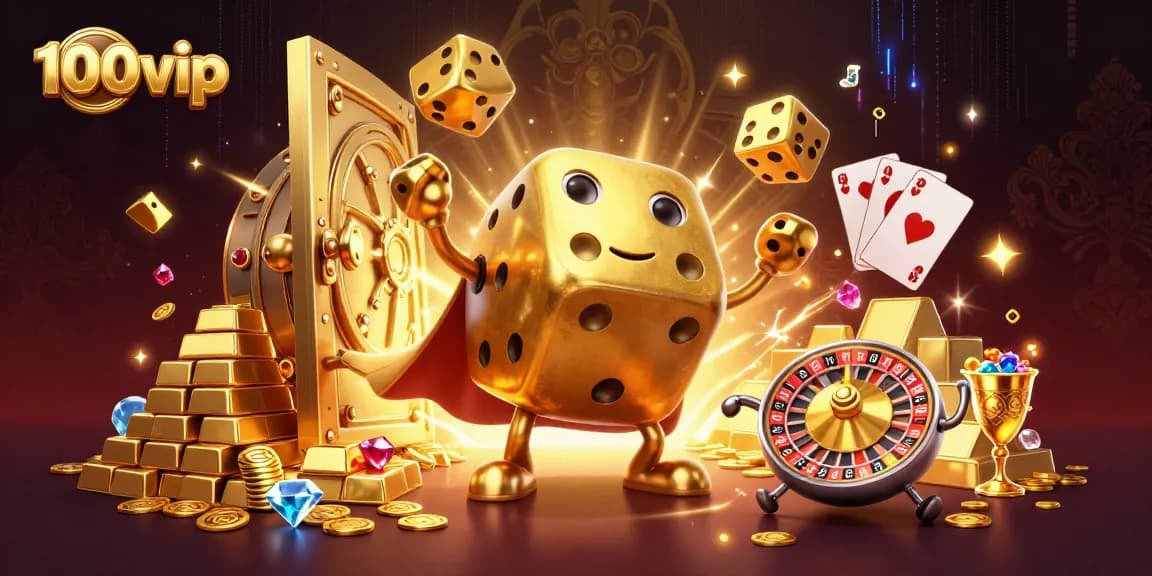 Engage with the thrilling world of 100vip, where golden dice and treasures abound in a dazzling casino landscape.