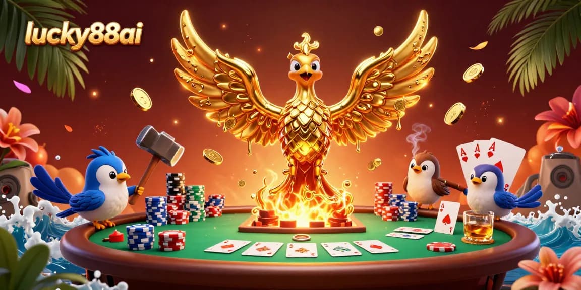 Experience exciting gameplay with lucky88ai in a vibrant 3D casino scene featuring golden phoenix and poker elements.
