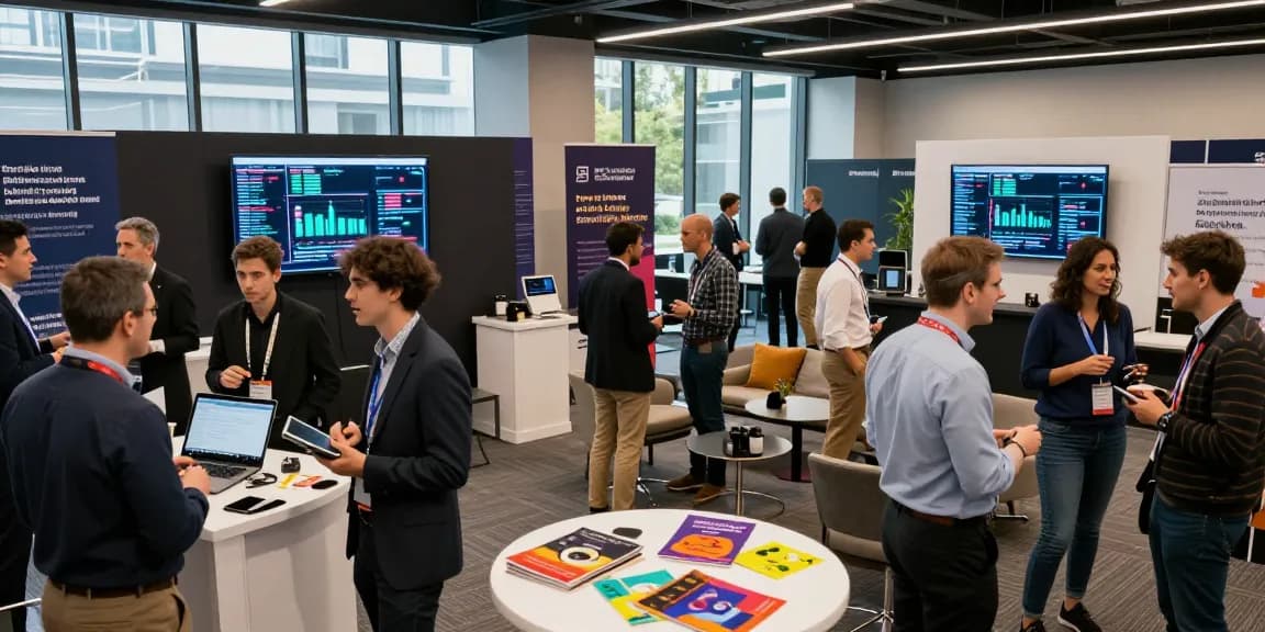 Blockchain 2026 professionals networking at a tech conference showcasing innovations and trends.