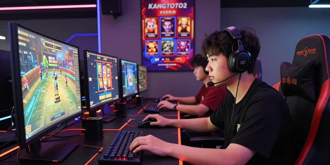 Gamer menggunakan KANGTOTO2 di ruang permainan dengan layar dan perlengkapan game modern.