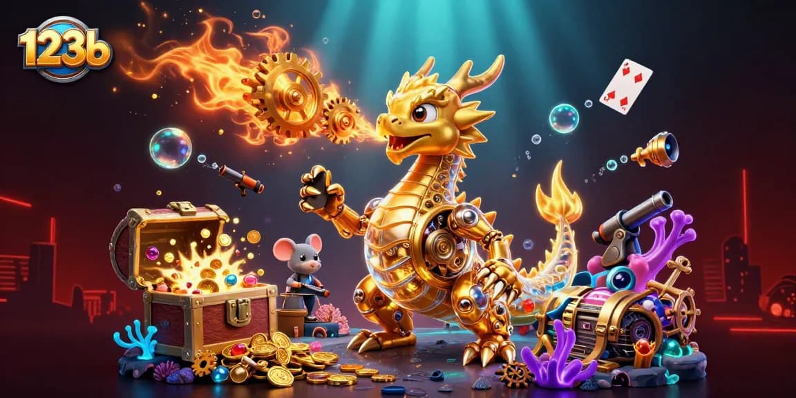 Experience thrilling wins with 123b, featuring an epic dragon and treasure in a vibrant casino world.