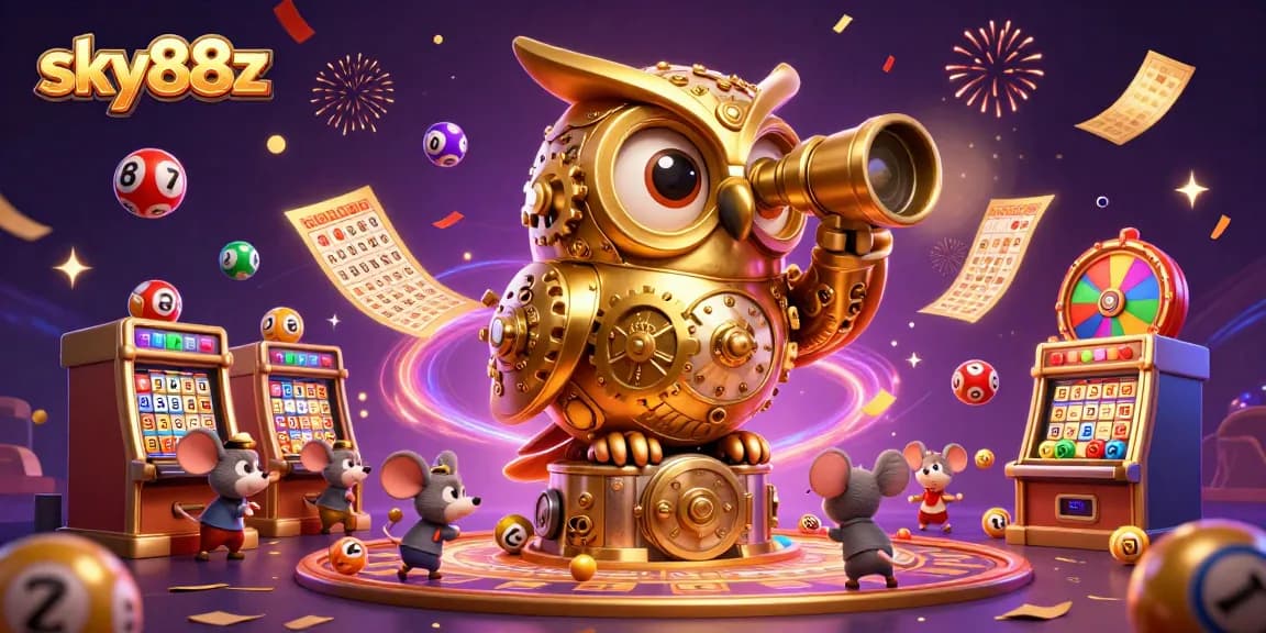 Engage in the exciting world of sky88z with a richly detailed 3D casino scene featuring an owl, mice, and lottery games.