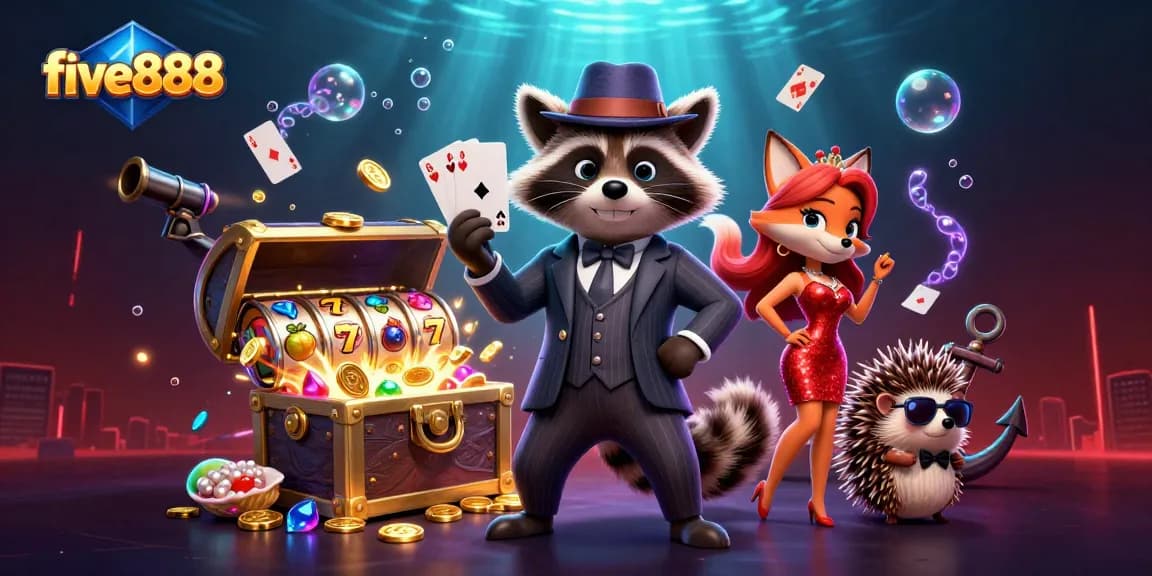 Experience thrilling gaming action with five888's lavish casino illustrations featuring jackpots, card games, and vibrant characters.