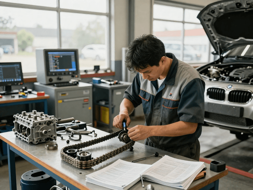 Professionelle Inspektion der BMW Steuerkette wechseln in einer Kfz-Werkstatt.