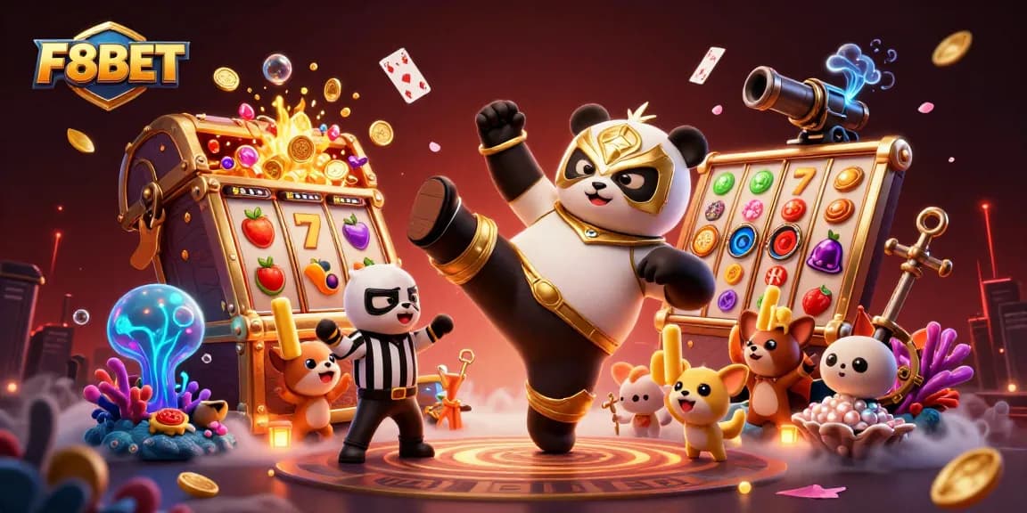 Experience the thrill of F8BET with an exciting dynamic illustration of casino action featuring colorful jackpots and animated characters.
