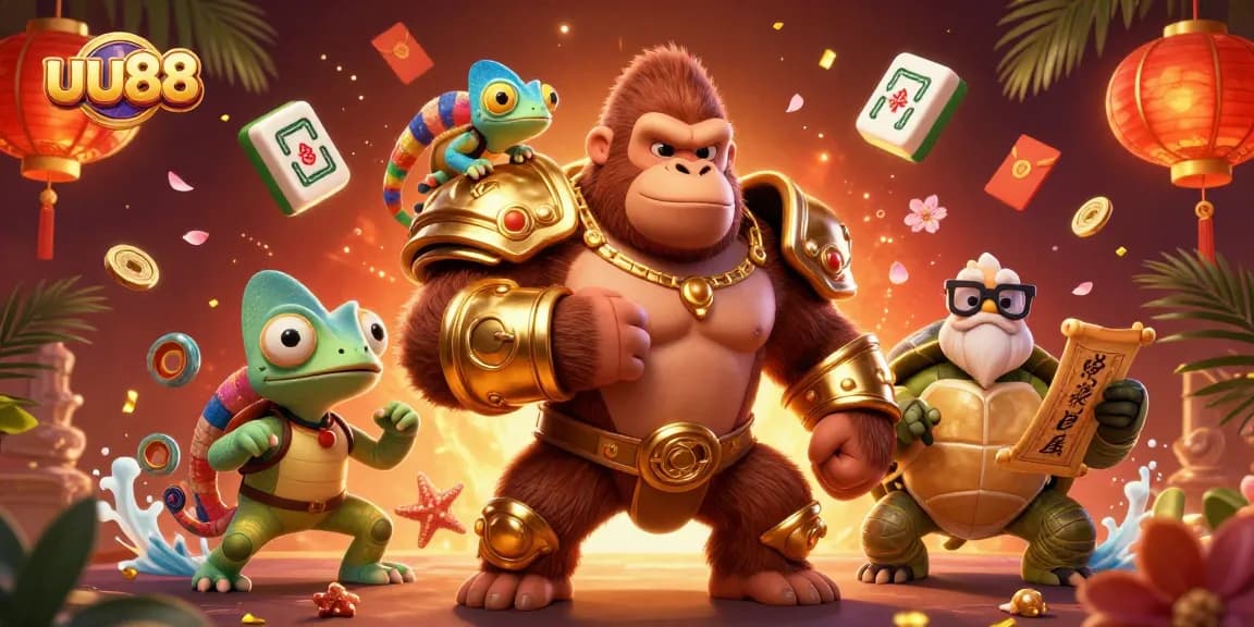 Experience thrilling gaming at uu88 with a gorilla in armor, vibrant colors, and various casino elements.