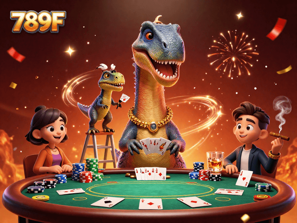 Engaging 789F casino illustration with a playful dinosaur and dynamic poker scene.