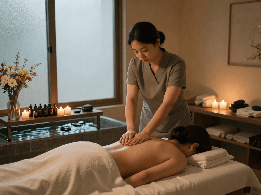 Serene moment showcasing 수원출장안마 with a professional therapist creating a calming spa atmosphere.