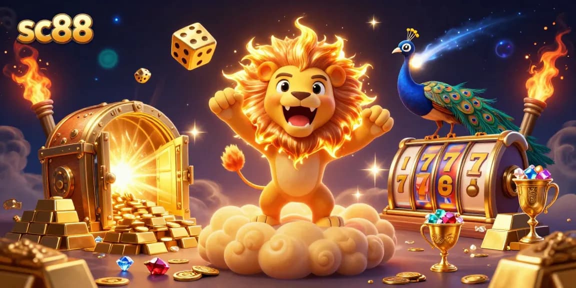 Experience sc88's thrilling casino adventure with a roaring sun lion amidst treasures and dynamic game elements.
