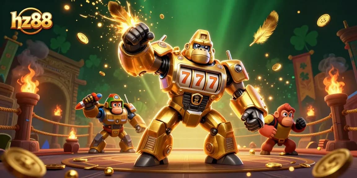 Win big with hz88 in a vibrant, ultra-detailed casino battle scene featuring a golden gorilla mech.