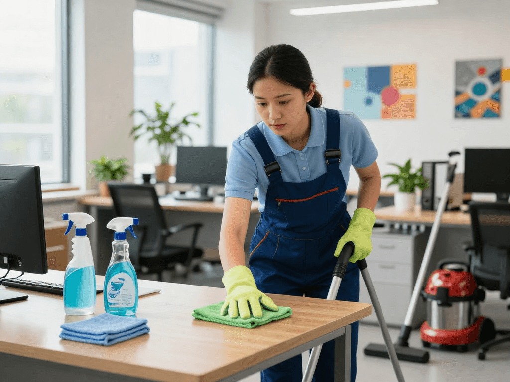 Büroreinigung Göttingen - Professioneller Reinigungskraft reinigt Schreibtische in einem modernen, hellen Büro.