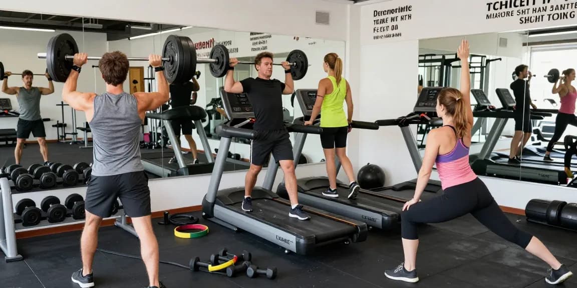 Aktive Athleten im Anabolika Shop Fitnessstudio, die an verschiedenen Geräten trainieren.