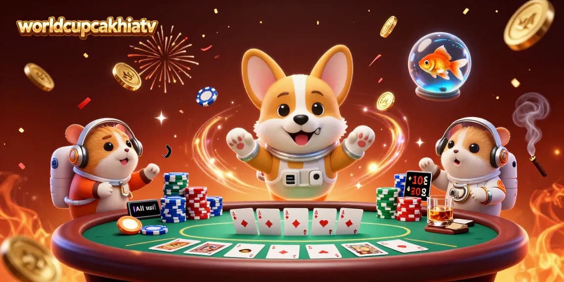 Engage with worldcupcakhiatv's thrilling casino adventure featuring floating poker games and vibrant characters.