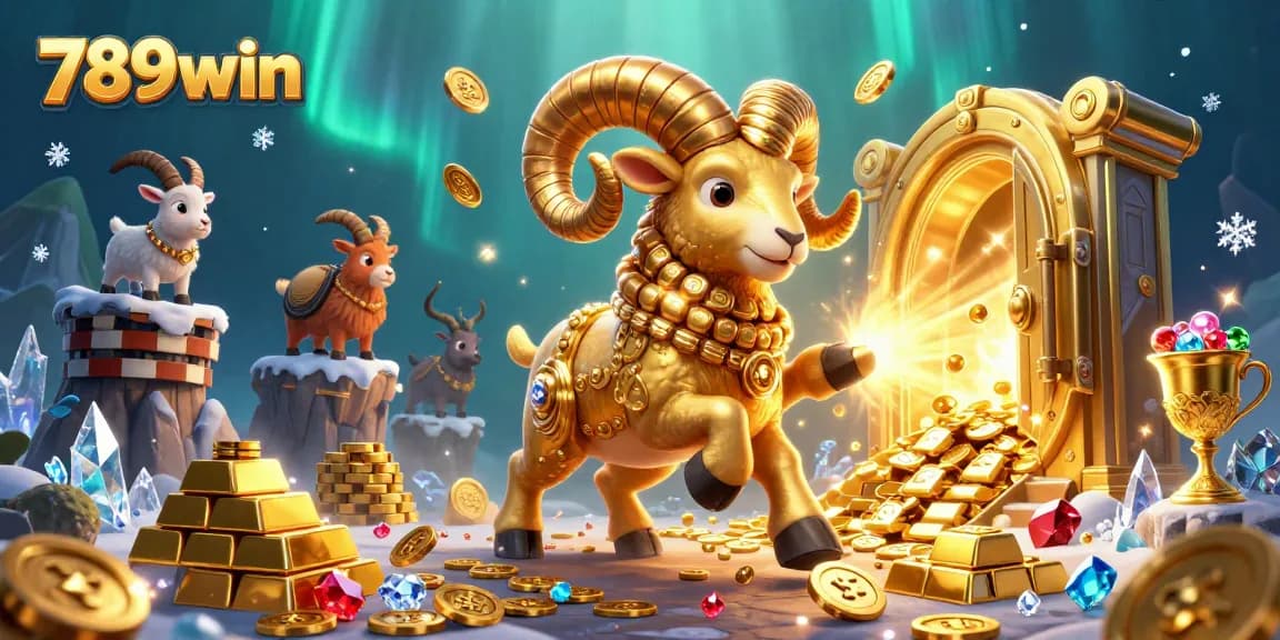 Engage with 789win's vibrant casino adventure featuring a golden ram and treasure.