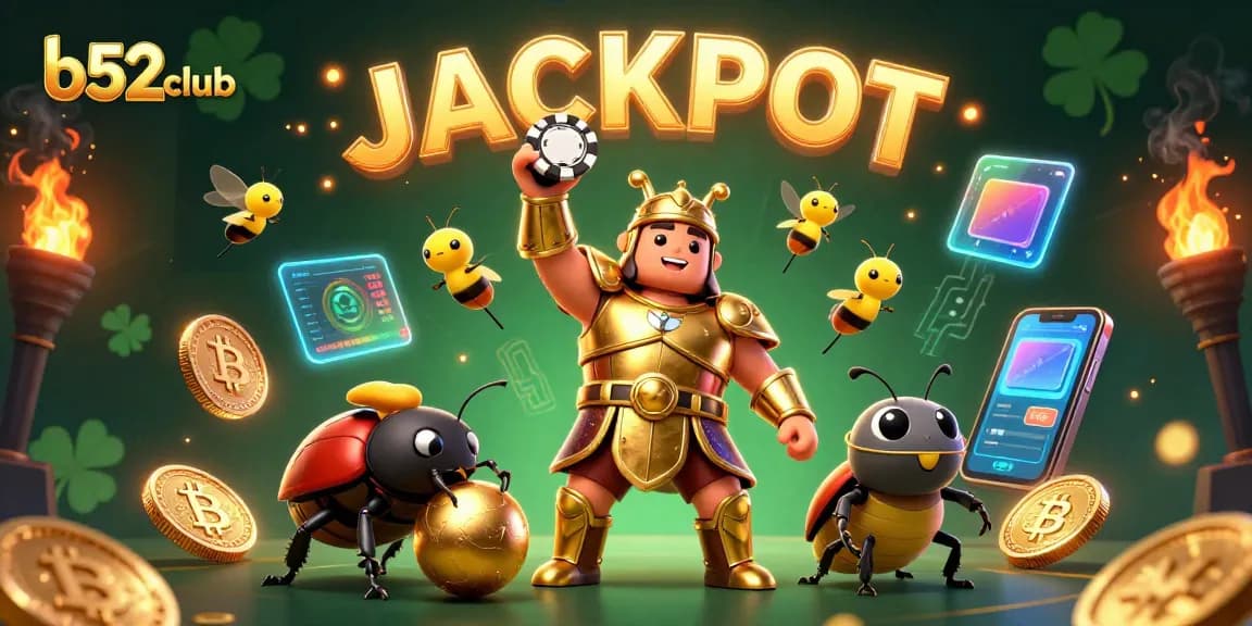 Experience the excitement of b52club with a victorious beetle lifting a poker chip amidst a glowing jackpot scene.