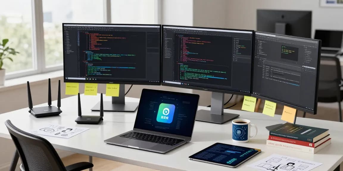 使用爱思下载的现代开发者工作空间，显示复杂编码和iOS开发工具。