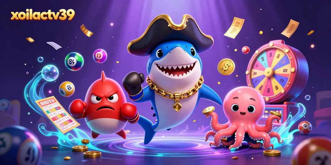 xoilactv39 engages players with a vibrant scene of a pirate shark, pufferfish, and octopus in a lottery-themed underwater adventure.