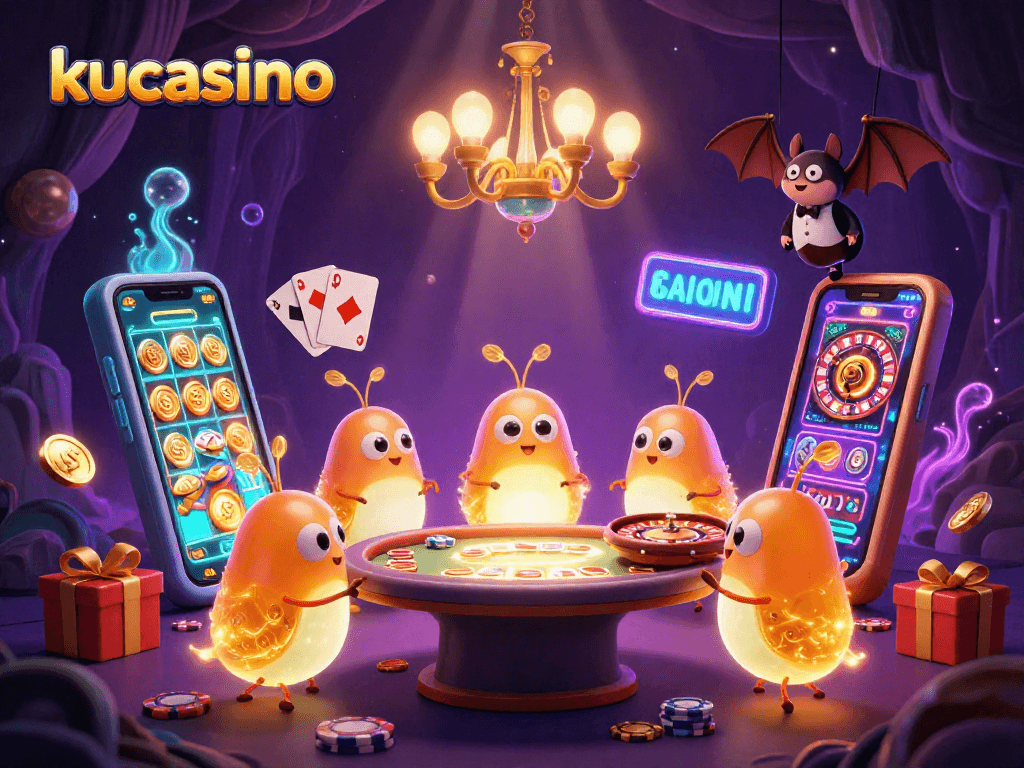 Experience thrilling moments at kucasino with glowing characters and a vibrant casino scene.