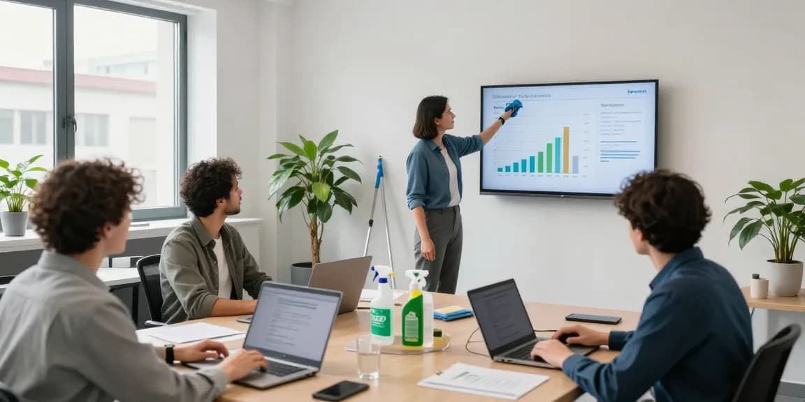 Büroreinigung Göttingen: Professionelles Team bespricht Reinigungsstrategien in modernem Büro