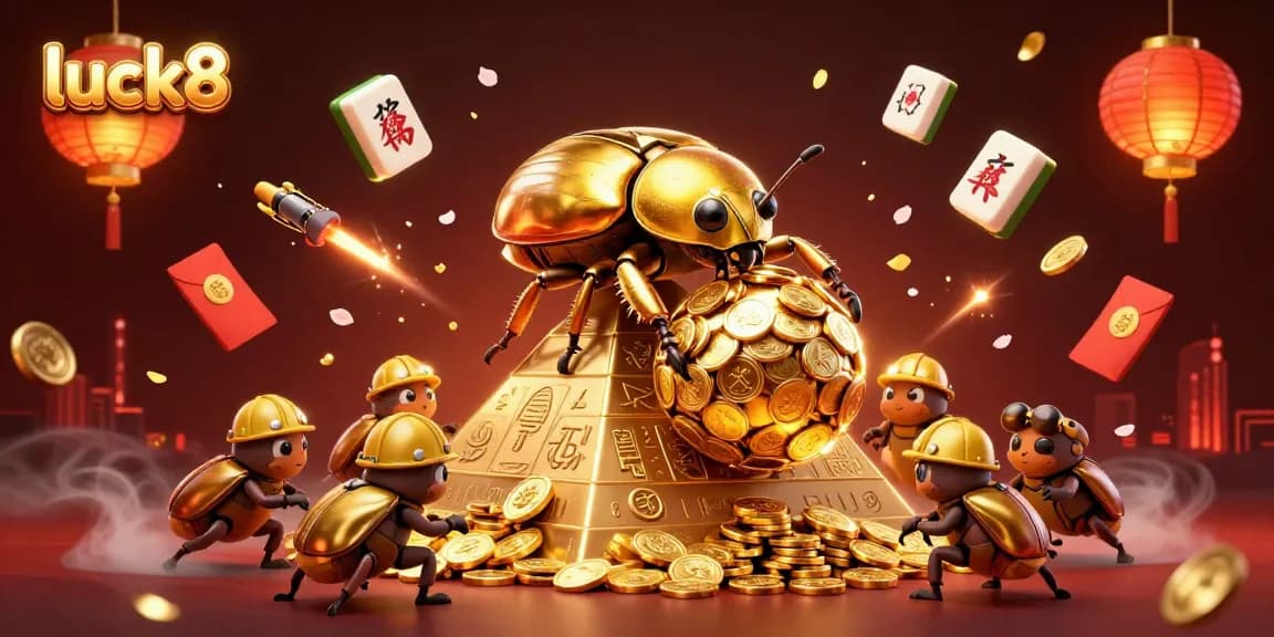 Experience excitement with luck8 as a golden beetle rolls coins up a pyramid in luxurious casino art.