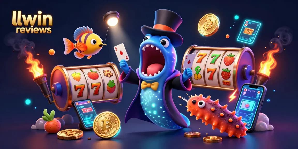 Engage in llwin reviews with a dynamic 3D illustration featuring gambling characters and casino elements.