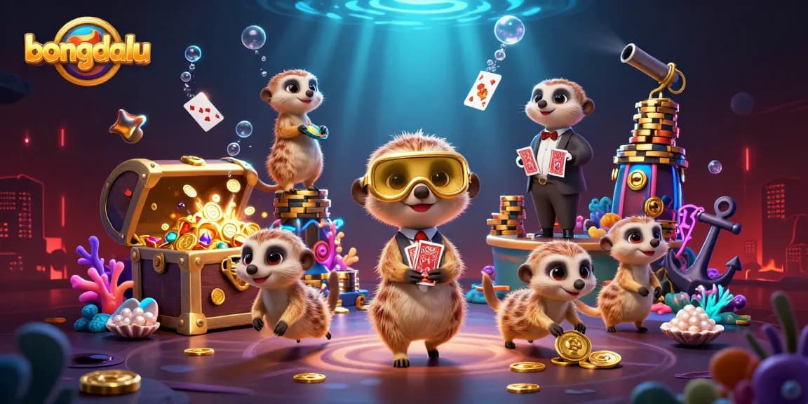 Bongdalu meerkats running a casino with colorful gems and glowing elements showcasing action-packed gameplay.