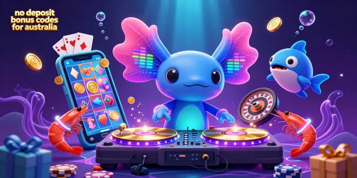 No deposit bonus codes for australia with a vibrant axolotl DJ at an underwater casino party.
