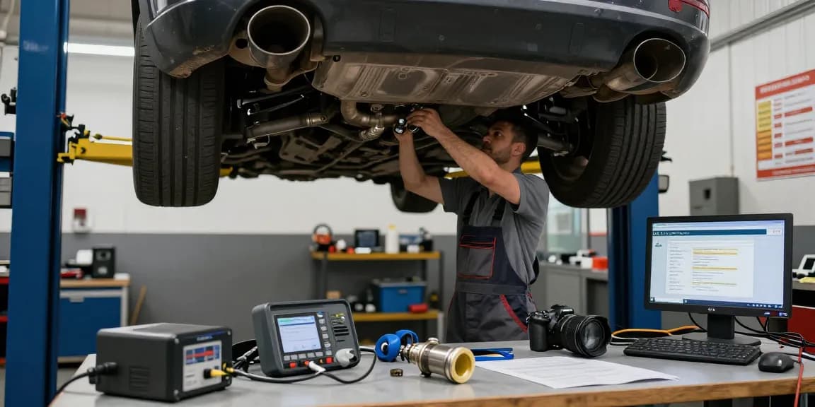 DPF Reinigung Laatzen: Fachmann überprüft Dieselpartikelfilter in Kfz-Werkstatt für optimale Leistung.