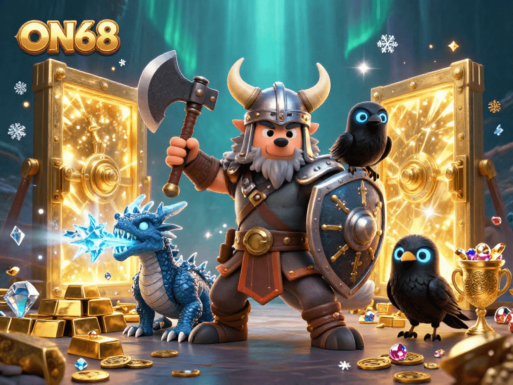 Witness the Viking warrior and dragon uncovering riches at ON68, a premier online casino adventure.
