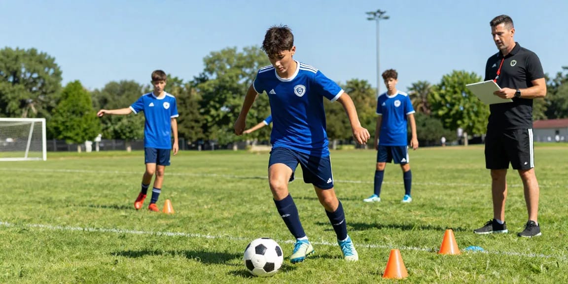Hochwertiger Fußball günstig kaufen: Jugendspieler dribbelt auf dem Platz mit Trainern und Teamkameraden.