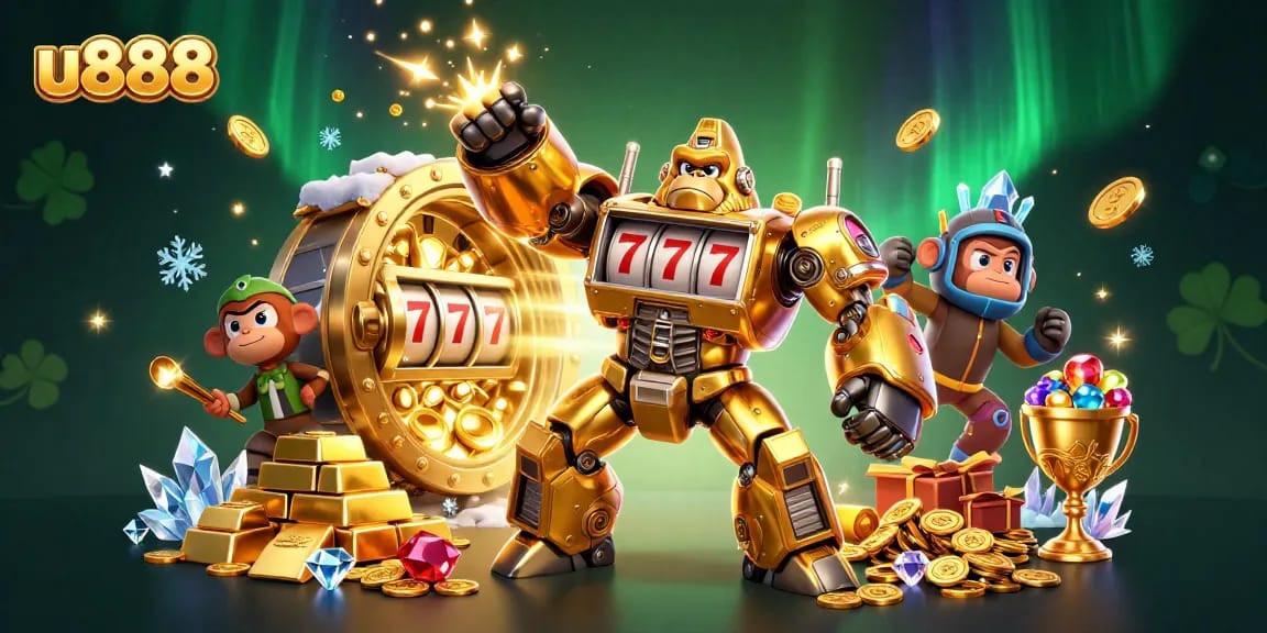 Experience thrilling gameplay at u888 with a dynamic golden gorilla mech and exploding coins!