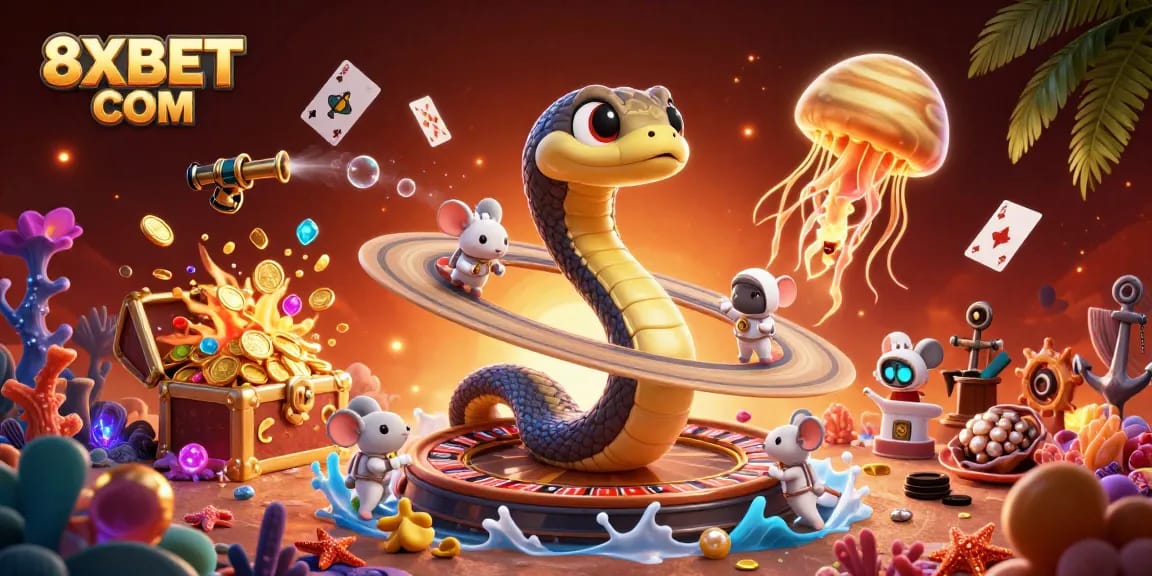 Engage in thrilling gameplay at 8XBET COM with this cosmic-themed casino illustration showcasing fun betting elements.