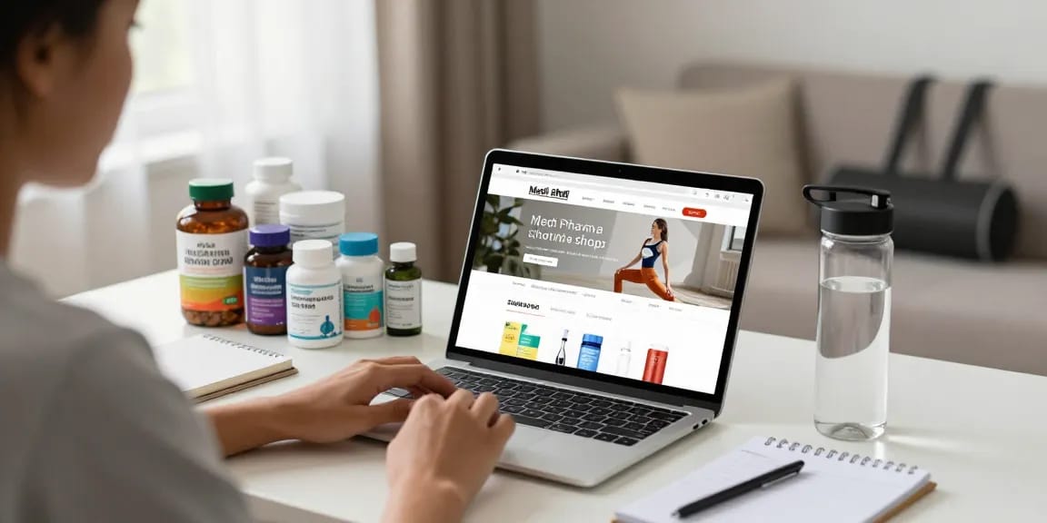 Fesselndes Einkaufserlebnis auf der Website des Medi Pharma Shops mit Gesundheitsprodukten in einem gemütlichen Arbeitsplatz.