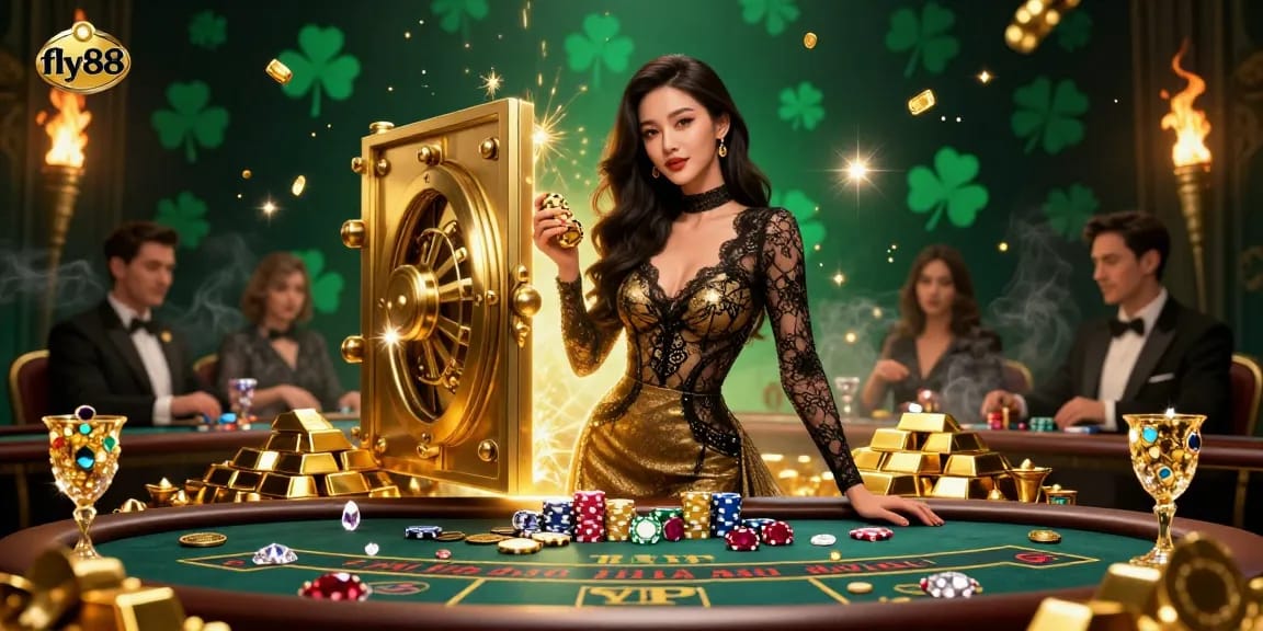 Experience high-stakes baccarat gameplay at fly88 with golden casino chips and luxurious surroundings.