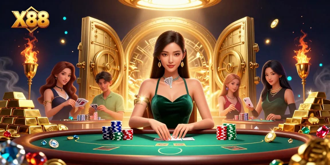 X88 showcases an alluring Asian woman in green velvet at a poker table, surrounded by opulent treasures.