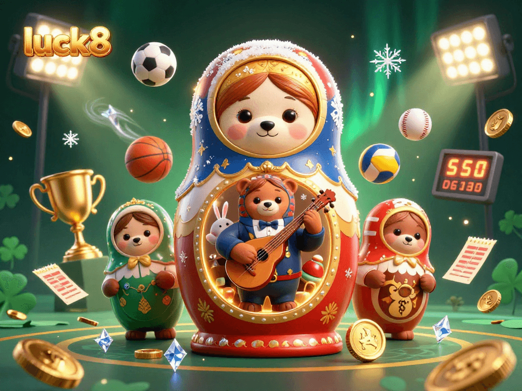 Play and win with luck8 in a vibrant casino scene featuring sports elements and Matryoshka characters.