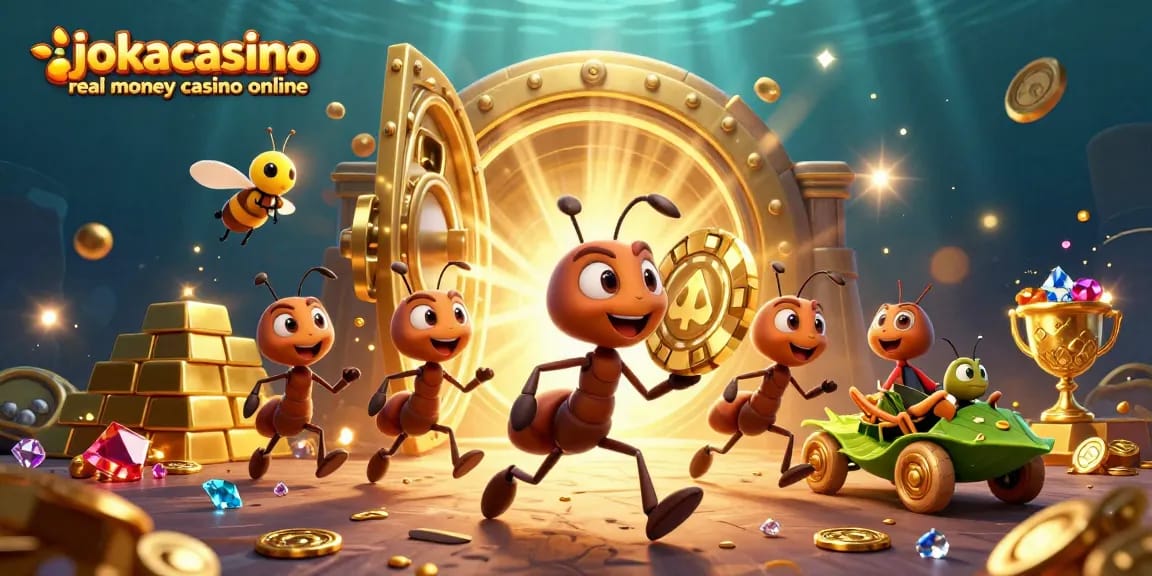 Experience the excitement at jokacasino real money casino online with ants heisting a giant poker chip in a rich 3D scene.