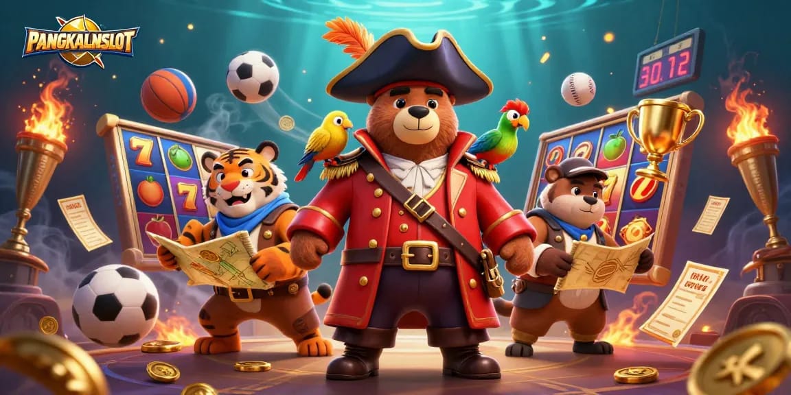 PANGKALANSLOT showcases an exciting scene with a pirate bear and tiger surrounded by dynamic slot reels and coins.