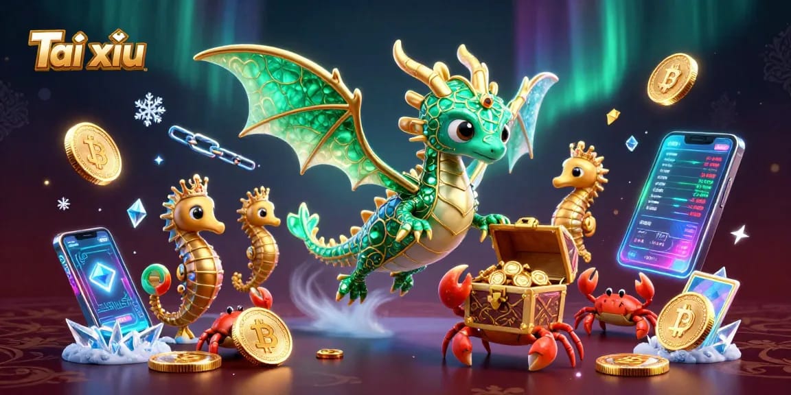 Tài xỉu players enjoying a vibrant casino experience with 3D elements like coins and dragons