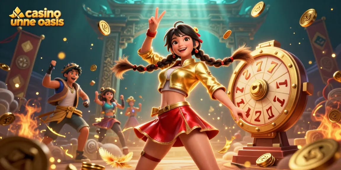 Engaging scene of an Asian woman at casino ohne oasis featuring vibrant slot visuals and a festive atmosphere