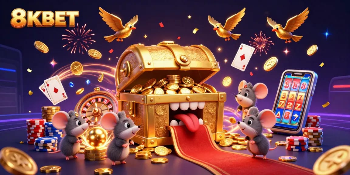 8KBET showcases treasure chests and adventurers in a vibrant, dynamic casino scene.