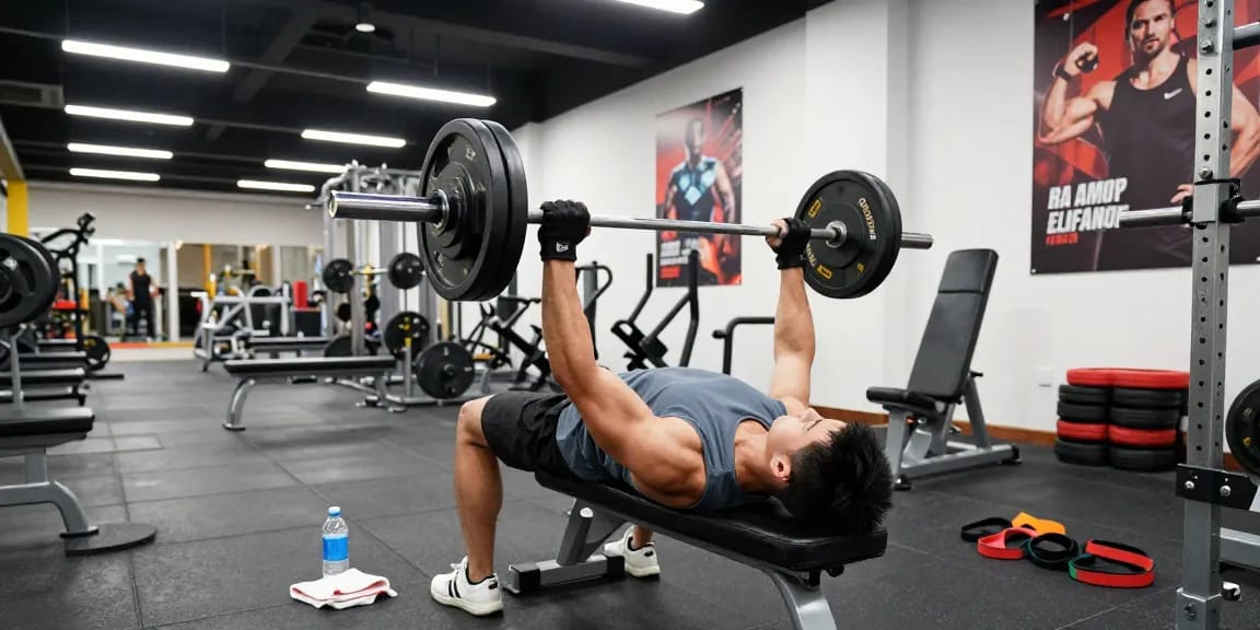 Anabolika Shop Deutschland - Bodybuilder, der in einem lebhaften Fitnessstudio trainiert und die Technik des Bankdrückens mit Gewichten und motivierenden Zitaten zeigt.
