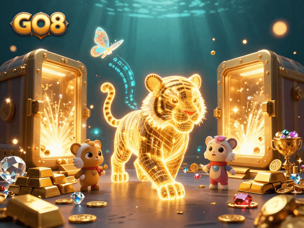 Engage with GO8's vibrant digital casino landscape featuring a neon tiger and interactive gaming elements.